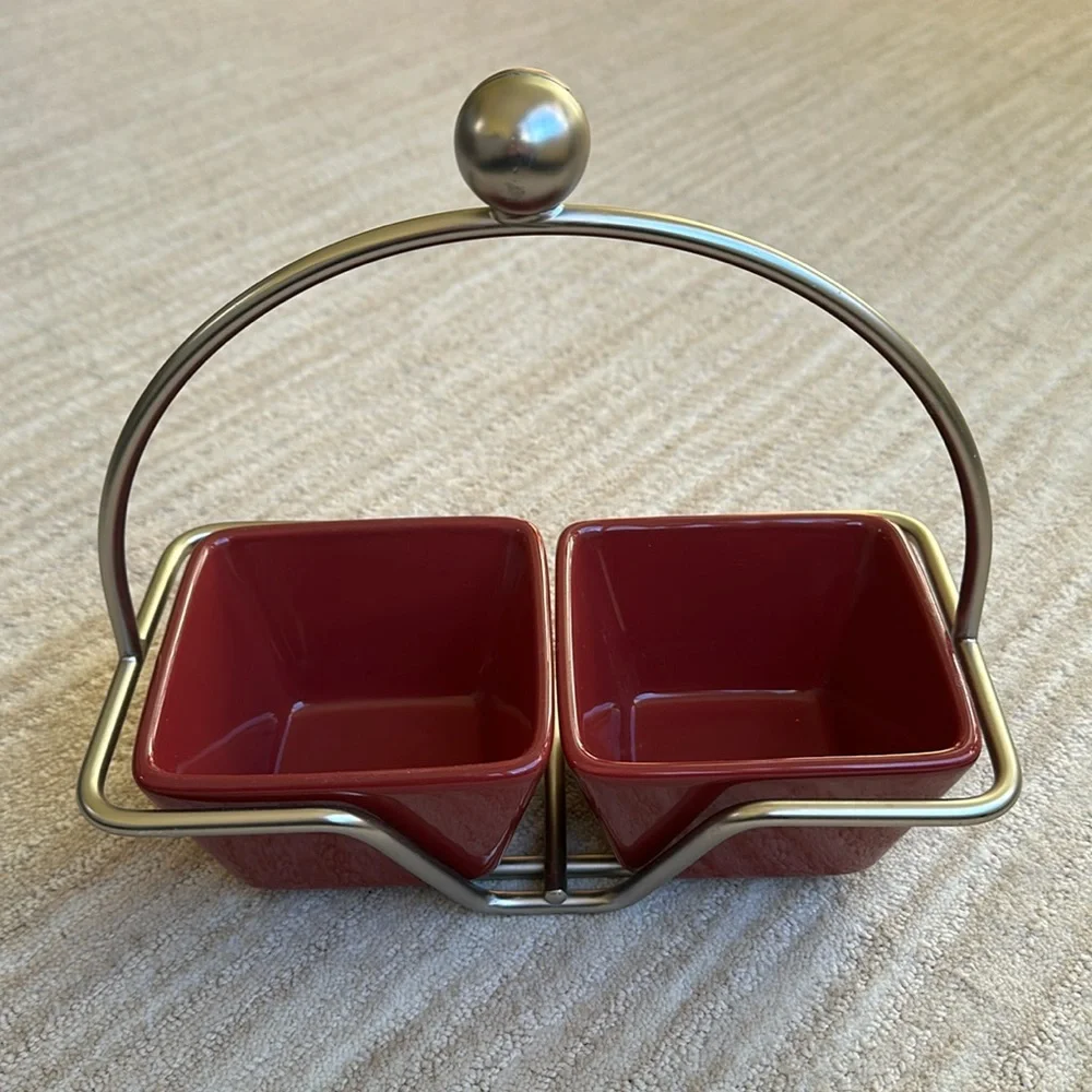 PAMPERED CHEF Simple Additions Silver Caddy w/ 2 Square Cranberry Bowls